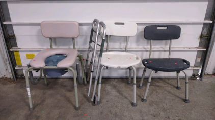 (1) Walker, (1) Portable Toilet Seat w/Cushion, & (2) Assorted Colored Shower Seats
