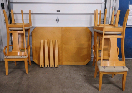 64&frac12;"x 42&frac12;"x 30" Maple Wooden 2-Leaf Dining Table & (6) Matching Wooden Floral Padded Dining Chairs