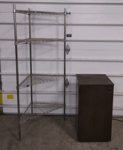 19"x 18"x 35" (Brown) General Electric Mini Fridge & (1) 33&frac12;"x 24"x 75" 4-Teir Corner Storage Metal Rack