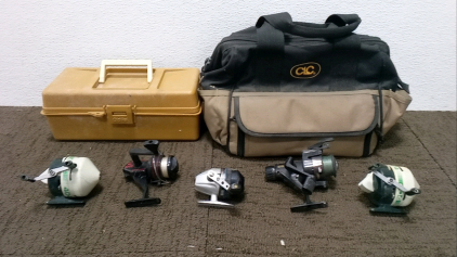 Tool Bag, Tackle Box, and (5) Fishing Reels