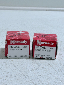 (1) Hornady 25 CAL .257 75 GR V-MAX Bullets & (1) Hornady 22CAL .224 52GR BT A-MAD Bullets