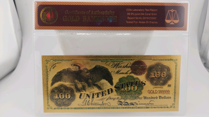 $100 99.9% Pure 24K Carat Gold Flake Banknote, Serial GOLD 999999
