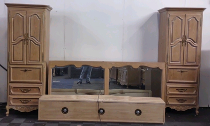 An Entire Real Oak Wooden Bed Frame Set: Includes (2) Matching Real Oak Wooden Miniature Armoires- Champagne Finish, (1) In Between Real Oak Wooden Light Bar, & More Pieces To Set