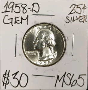 1958-D MS65 Gem Silver Washington Quarter