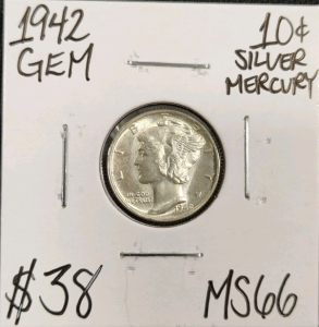 1942 MS66 Gem Silver Mercury Dime