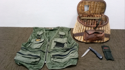 Fishing Creel, Vest, and Knife