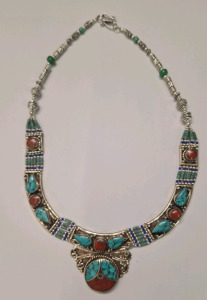 (1) Beautiful - Large - Natural Turquoise & Red Coral Necklace