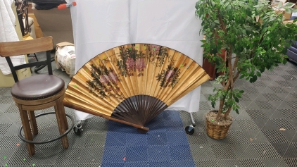 (1) Bar Stool, Vintage-Style Japanese or Chinese Folding Wall Fan Decor And Faux Tree