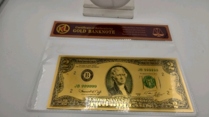 Gold-Plated $2 Bill Replica, Serial JB 999999, 24k Pure Gold Flake