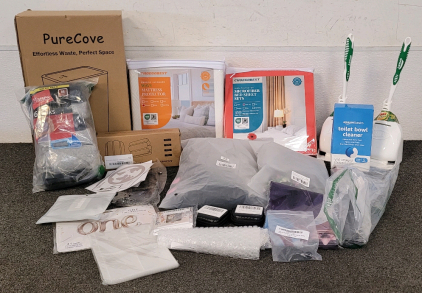 Twin XL Microfiber Sheet Set, Queen Mattress Cover, Pure Cove Waste Basket, And More