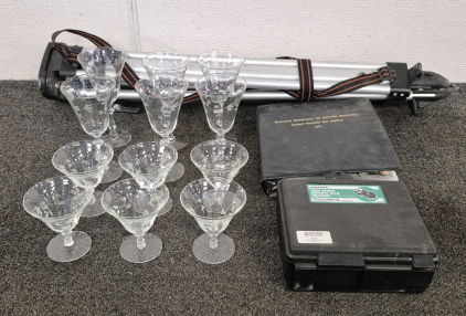 (6) Glass Drinking/ Wine Glasses, (6) Dessert Glasses, Tri-Pod, Innocent Free Spirit Remote Dog Trainer, Booklet of Poster Beanie Babies