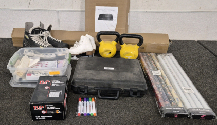 30Lb Cast Steel Balls, Supra Size 8 Ice Skates(Adult), Riddell Size 6(Child), N17 1-1\2" 7/16" Crown Ggalvanized Staples(10,000PCs)(16GA Medium Crown), Locksmith Kit(Missing Pieces), Curtain Rod(New)(2)(16"-28",36"-72"), Amazon Dash Smart Shelf, Box of Ca
