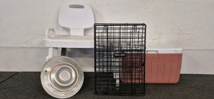 Precision Dog Gate/Kennel, Coleman Cooler, (2)Hubcap/Wheel Covers, Shower Bench Seat