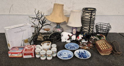 (3) Gorgeous Lamps and a Flower Tree(All Work!!!), Decorative Bike, decorative Baskets, Romeo and Julieta Cigarros Box, Retro McDonald's Tin, Cocktail Mixer 4Pc Set, China Tea Set(Very Nice Super Cute!), Christmas Decor (Cute bears and Santa, Mini Pictu