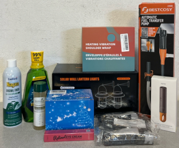 Heated Vibration Shoulder Wrap, Solar Wall Flickering Lantern Lights, Automatic Fuel Transfer Pump, Tourniquets, Mouthwash & Other Cleaning/Hygine Products & More
