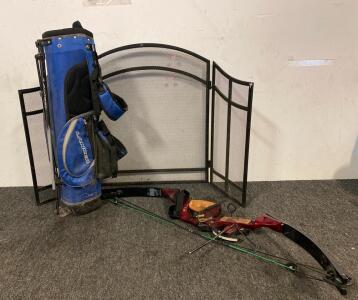 Martin Cougar Speed-Flite M-41 Compound Bow, Lancer Golf Club Bag, And Metal Fireplace Screen