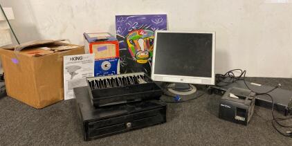 HP Computer, Mars ll Appliance 1U Server, King Digital HDTV Antenna, Sheilded Network Cable (1000ft), Money Till, Star Reciept Printer, And Cow Painting
