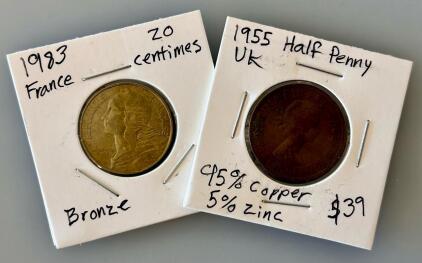 1983 France 20 Centimes Coin and 1955 UK Half Penny