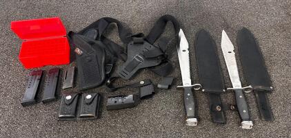 Pair Of Frost 17" Daggers, Uncle Mikes Sidekick Size 2 Holster, Magazines, Ammo Holder and More