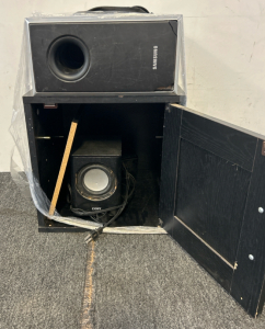 Samsung And Coby Speaker With a Wooden Cabinet