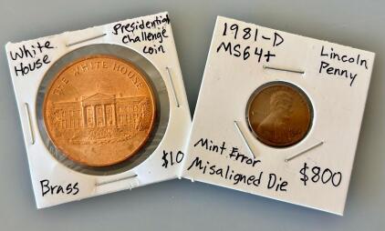 1981-D Lincoln Penny With Mint Error and 2016 Presidential Challenge Brass Collector Coin