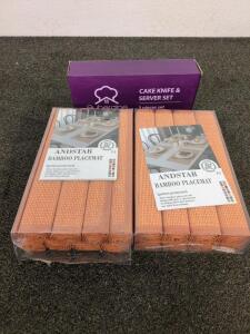 Two sets of eight orange bamboo placemats and a cake knife and server set