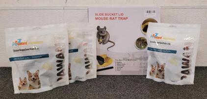 (3) Pawant Chicken Wrapped Sweet Potato Dog Treats And Slide Bucket Mouse Rat Trap