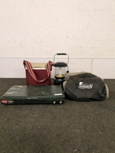 Camping kit Coleman Propane Stove and a Coleman 4 in 1 twin blow up mattress and a Coleman lantern and a cooler