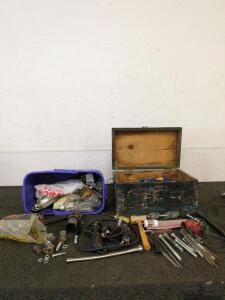 Washers and bolts and rawhide hammer and other miscellaneous tools two boxes