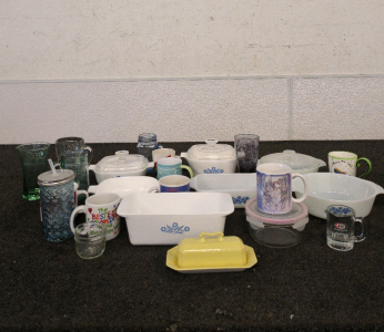Beautiful Vintage Dishes including Coca-Cola glass cups and white and blue floral casserole dishes