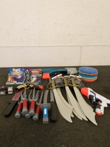 Toy swords and Nerf guns and frisbees