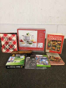 17pc stainless steel Lazy Susan Fondue set and 3 cook books plus window kit