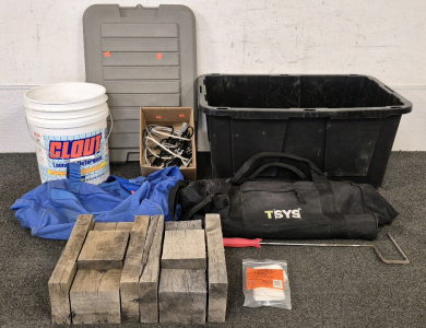 Storage Tub, Paint Bucket, TSYS Bag, Paint Roller, Shot Gun Cleaning Patches, Hand Hewn Reclaimed Wood Beams, Dunlop Bag, Storage Lid, Box of Plug in Cables
