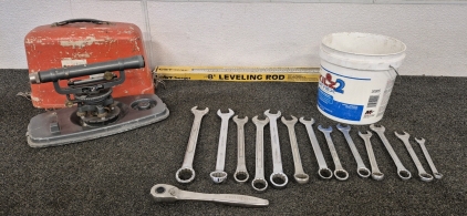(8') Leveling Rod, Different Sized Wrenchs, Bucket(2Gal), Vintage Transit Level