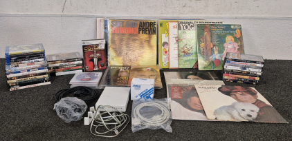Nice Record Collection(Barbra Streisand, Children's Songs and Learning Records, String and Brass Records and Much More!), (5) Blu Ray DVDs, (23) DVDs, Couple Red Box DVDs, She of Corange PC Game, AC Adapter, Practical Peripherals Mini Tower, Computer Ac