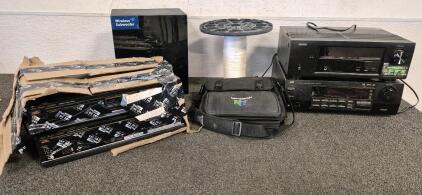 Samsung Wireless Subwoofer (Unable to Test), Spool of Rope, Nintendo64 Case, Devon Integrated Network AV Receiver (Works), JVC Audio/Video Control Receiver (Works), Fisher Compact Disc Player and Fisher Integrated Stereo Amplifier (Tapped together but Bo