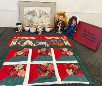 Meowy Christmas Includes Mary and Joseph Dolls, Snowman Teapot With Snowmen Mugs And A Cat Picture