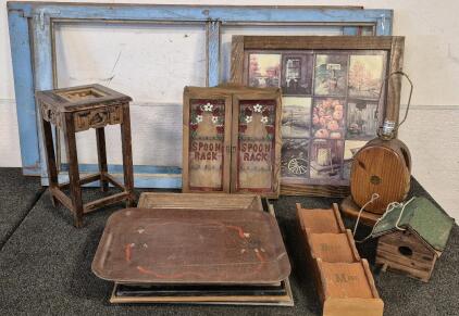 (2) Vintage Window Frames, Vintage Picture Frames(5), Vintage Tray, Vintage Wood Lamp(Unable to Test), Vintage Wood Carved Side Table, Vintage Spoon Rack, Wood Bird House, Wooden Mail Wall Rack