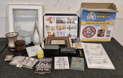 Widow picture frame, Wall Decor, (19)Miscellaneous Picture Frames, Bullion 4" LED Desk Light, Light Bulbs, Light Up DeFuser(Works), (3) Heated Wax Melt Light, Tool Pen, Rugg Egg Ranch 30 Egg Incubator