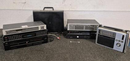 Pioneer AM/ FM Digital Synthesized Tuner(Works), Fisher Stereo Graphic Equalizer (Works), JVC Compact Disc Player(Works), Zenith Radio(Unable to Test), Uncomfortable VHD Controller (Unable to Test), Fisher AM/FM Stereo Synthesizer Turner(Unable to Test), 