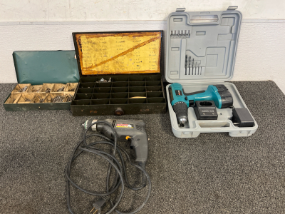Cotter Pins, Craftsman Professional 6.0 Amp Drill, And A Coleman Powermate Drill With Charging Station.