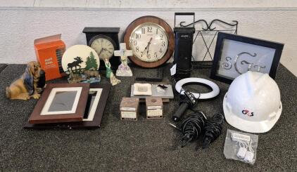 (2) Microphone(Unable to Test), Ring Light(Unable to Test), Ego USB Smart Plugs, OTT-Lite( Unable to Test),(2) Digital Picture Frames, Hard Hat,(2)Clocks(Unable to Test), Home Decor, Small Picture Frames (3), Surface Onn Universal Laptop Charging Adapter,