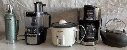 Hamilton Beach Stack & Snap 10 Cup Food Processor, Black & Decker Rice Cooker, Mr. Coffee Machine, Vintage Stanley Thermos and Vintage Teapot