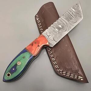 Handmade Damascus Steel Custom Shaped Hunting Knife With Custom Handle And Leather Sheath