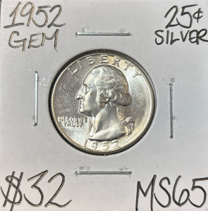 1952 MS65 GEM SILVER WASHINGTON QUARTER