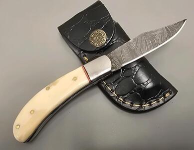 Handmade Damascus Steel Folding Pocket Knife With Leather Sheath