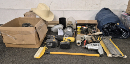 Hard Cowboy Hat, Outdoor Light Fixtures, Box Of Alcohol Spray Bottles, Box Of Miscellaneous Tools, New Extension Wands, PVC Pipe, New Light Fixture, Bow Up Mattress(Works), Cordless Drill/Driver (14.4V)(Unable to Test), Shopcraft 3/8 Drill(Works), Craftsm