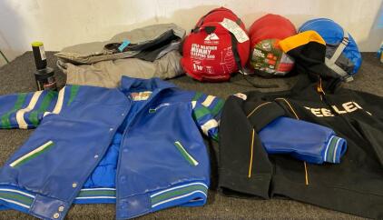 Camping Stuff Including, (3) Ozark Trail Sleeping Bags, Air Mattress And Air Pump, Plus Football Jackets