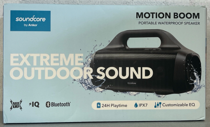 Soundcore Anker Motion Boom Waterproof Bluetooth Speaker with Titanium Drivers, BassUp Technology, IPX7, 24H Playtime, App & Built-in Handle