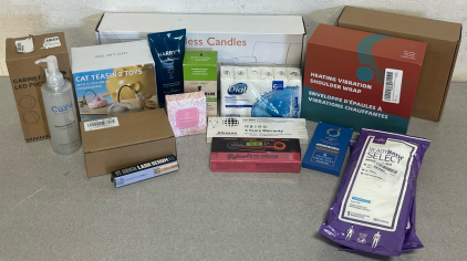 Heating Vibration Shoulder Wrap, Flameless Candles W/ Fairy Lights, Pickle Power Rechargable Battery Charger, Hygine / Toiletry Products & More